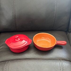 Red Ceramic Mini Casserole and Orange Ceramic Skillet